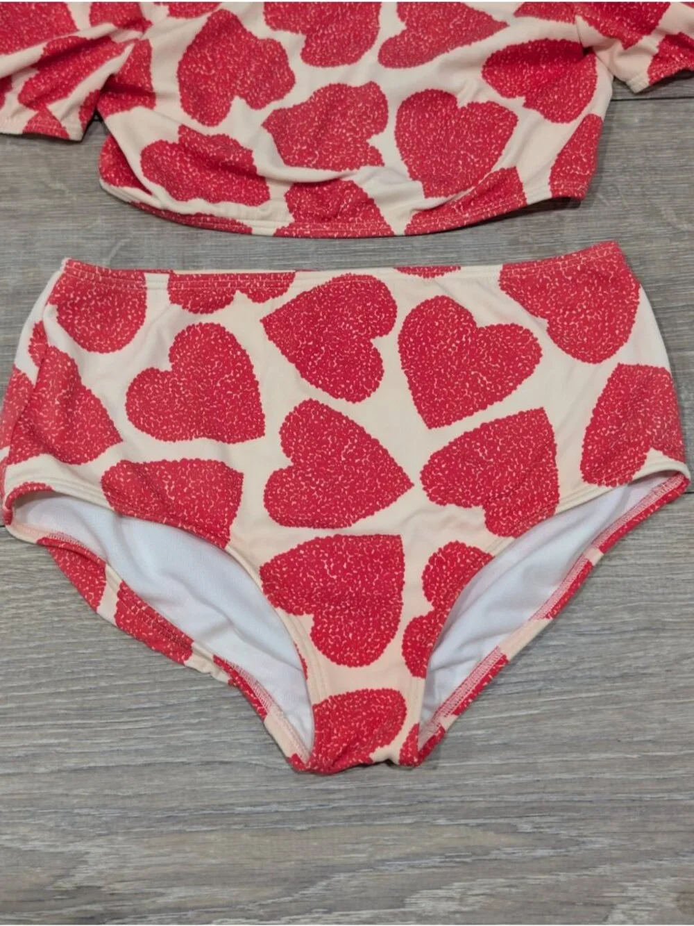 Mini Boden Girls 8-9Y Puff Sleeve Bikini Two Piece Red Hearts Cream Swimsuit